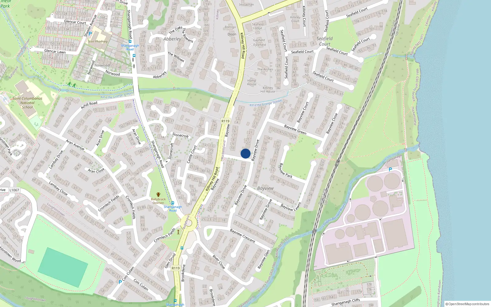Overhead map showing the location of 33 Bayview Drive, Lower Killiney Hill Road, Killiney