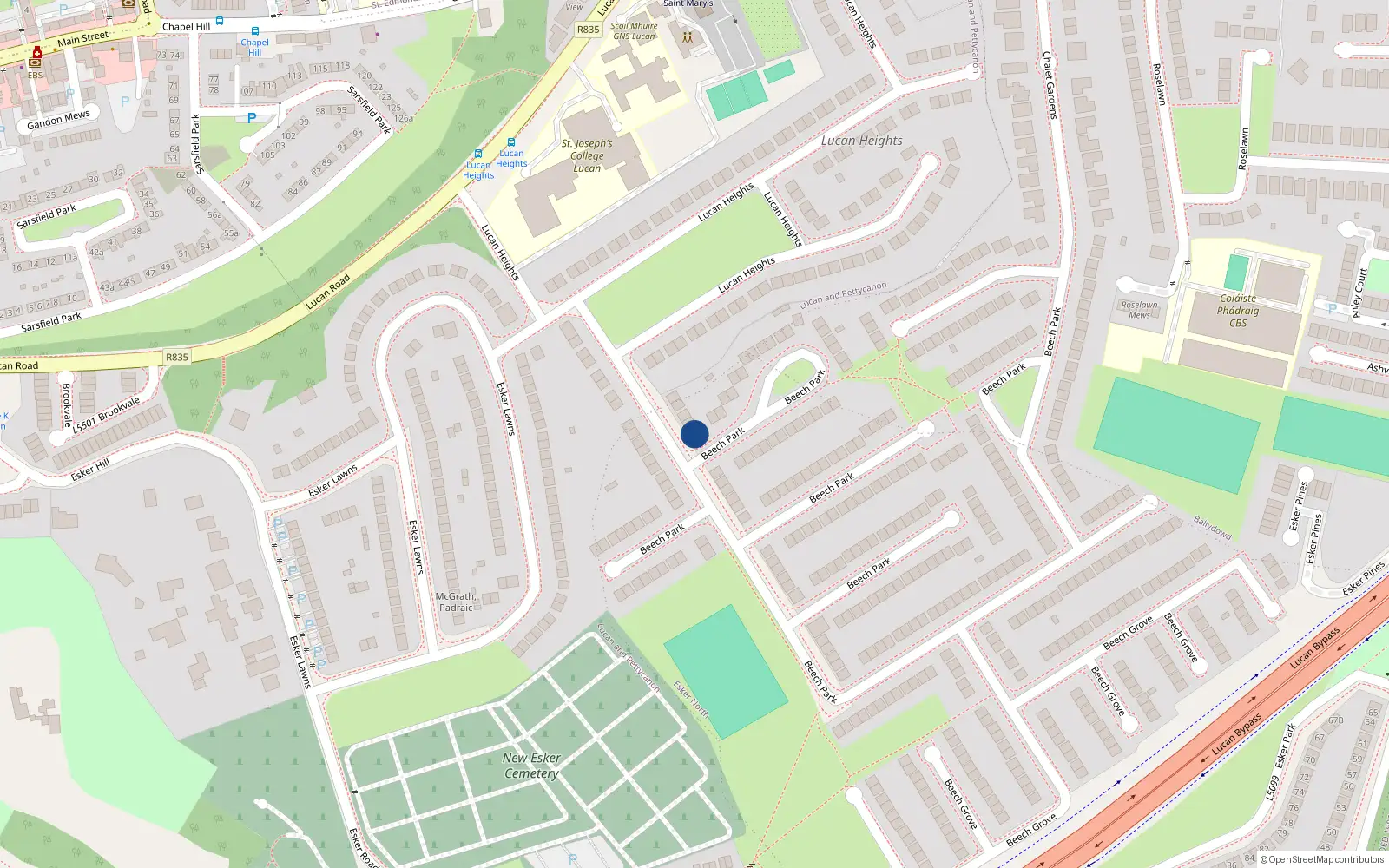 Overhead map showing the location of 33 Beech Park, Lucan, Dublin