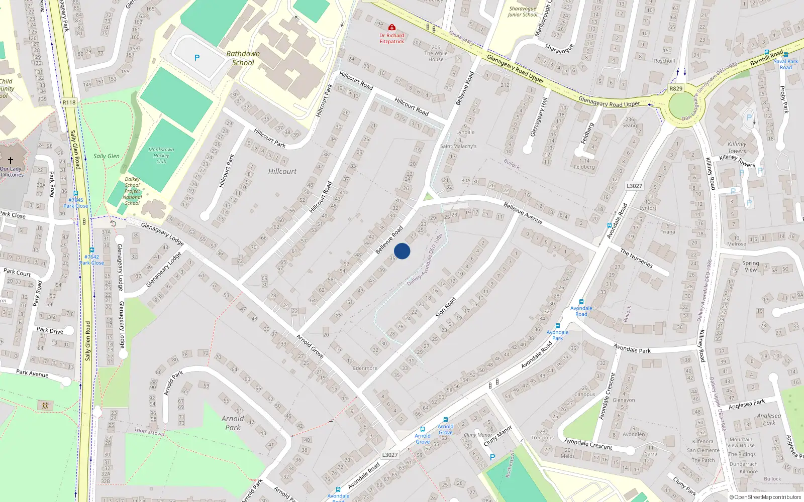 Overhead map showing the location of 33 Bellevue Road, Dublin