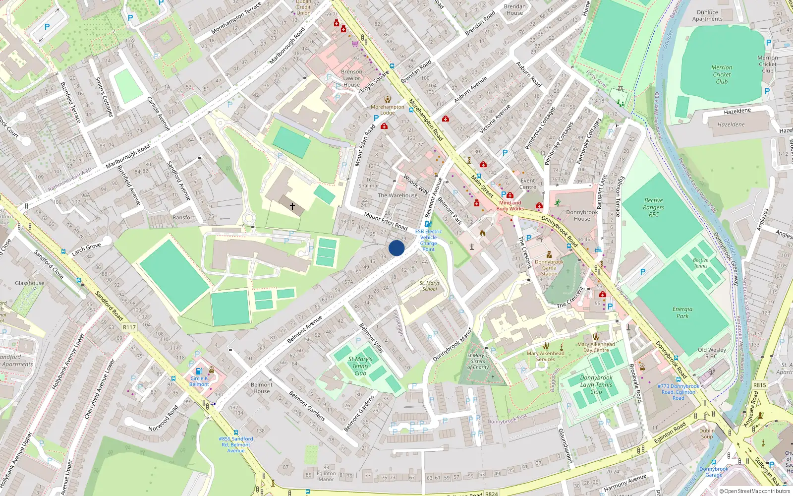 Overhead map showing the location of 33 Belmont Avenue, Donnybrook