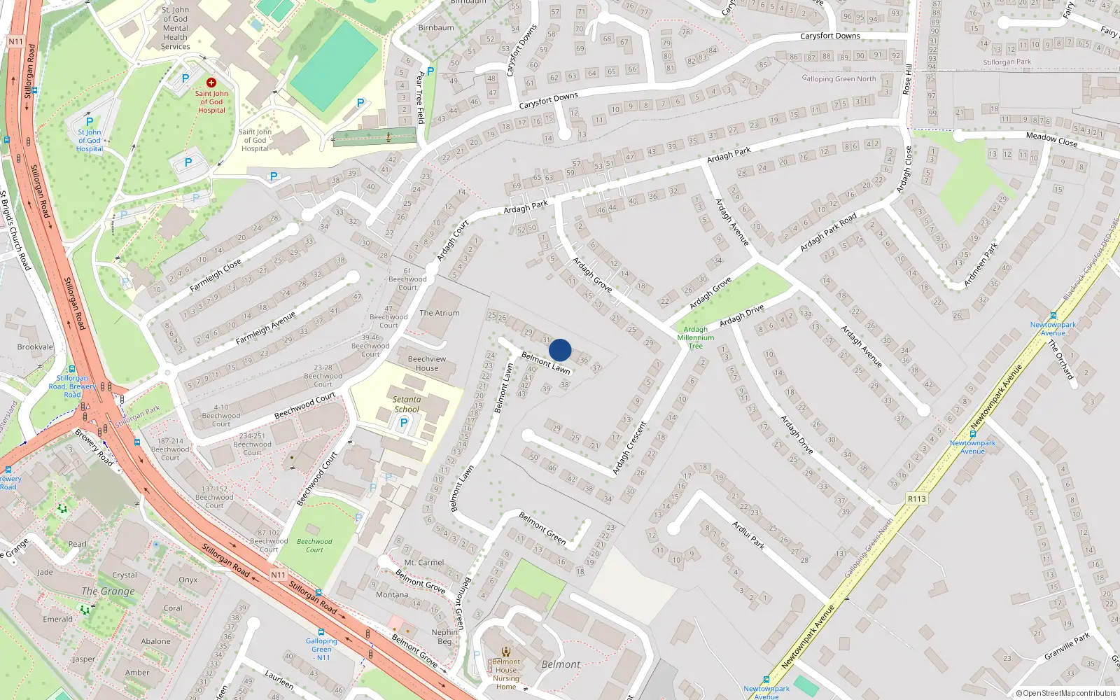 Overhead map showing the location of 33 Belmont Lawn, Galloping Green, Stillorgan
