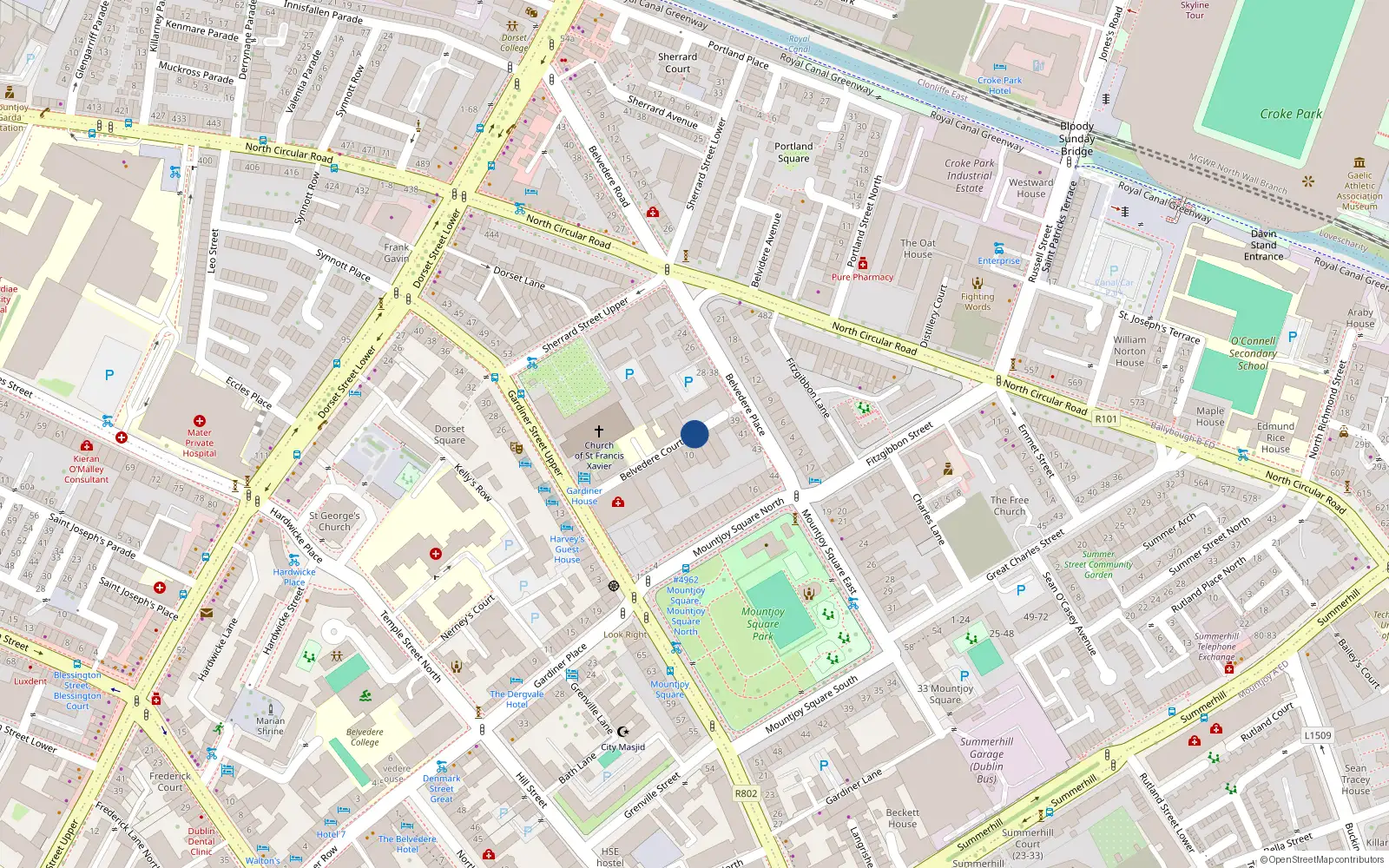 Overhead map showing the location of 33 Belvedere Court, Dublin 1