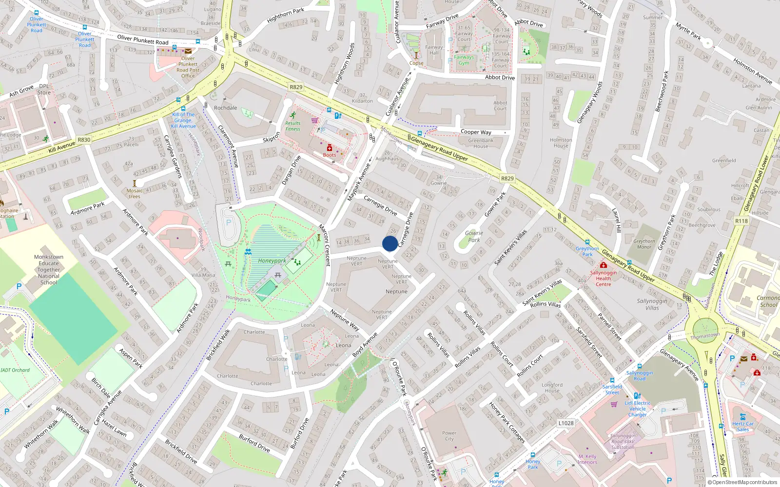 Overhead map showing the location of 33 Boyd Avenue, Glenageary