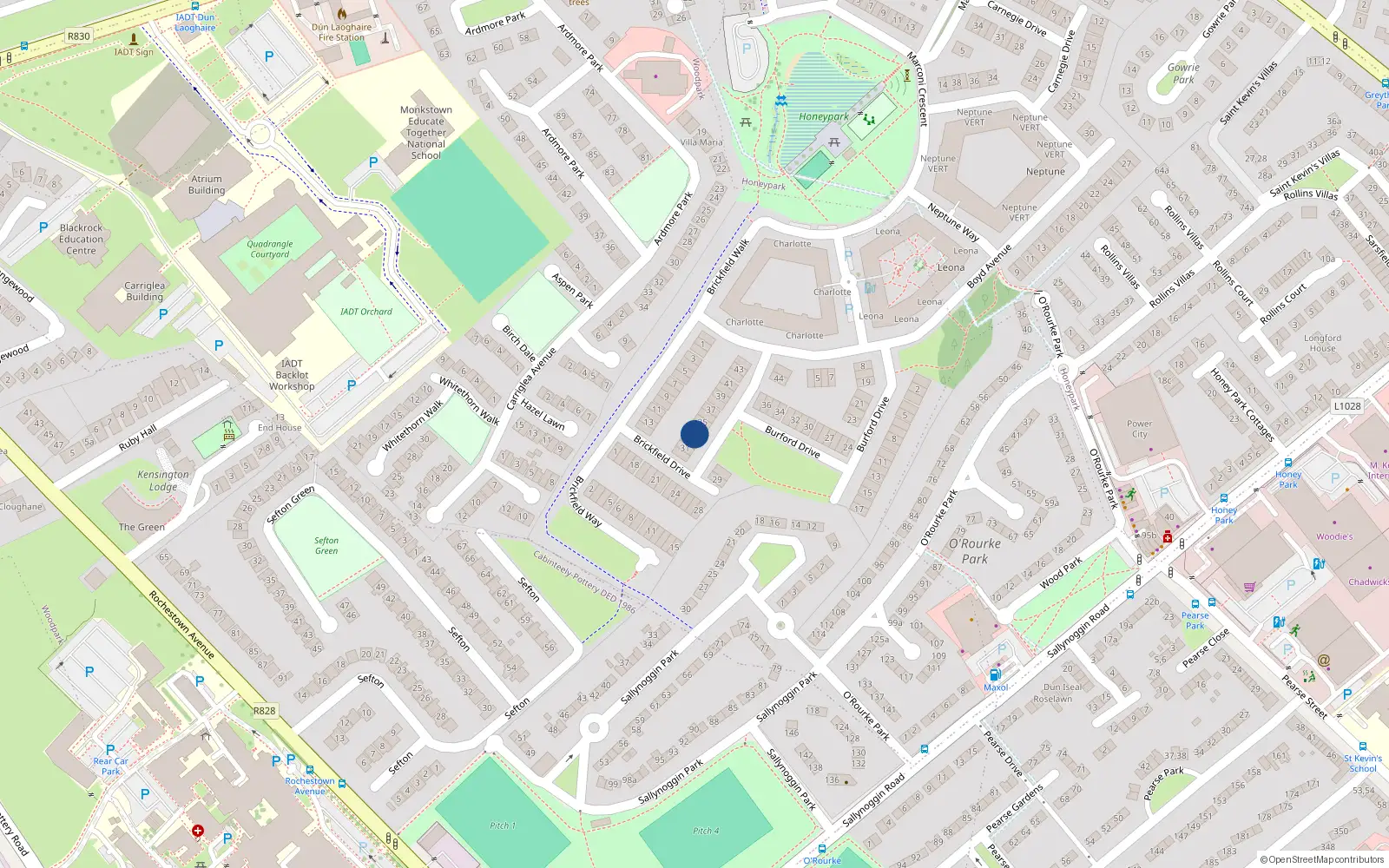 Overhead map showing the location of 33 Brickfield Drive, Dun Laoghaire