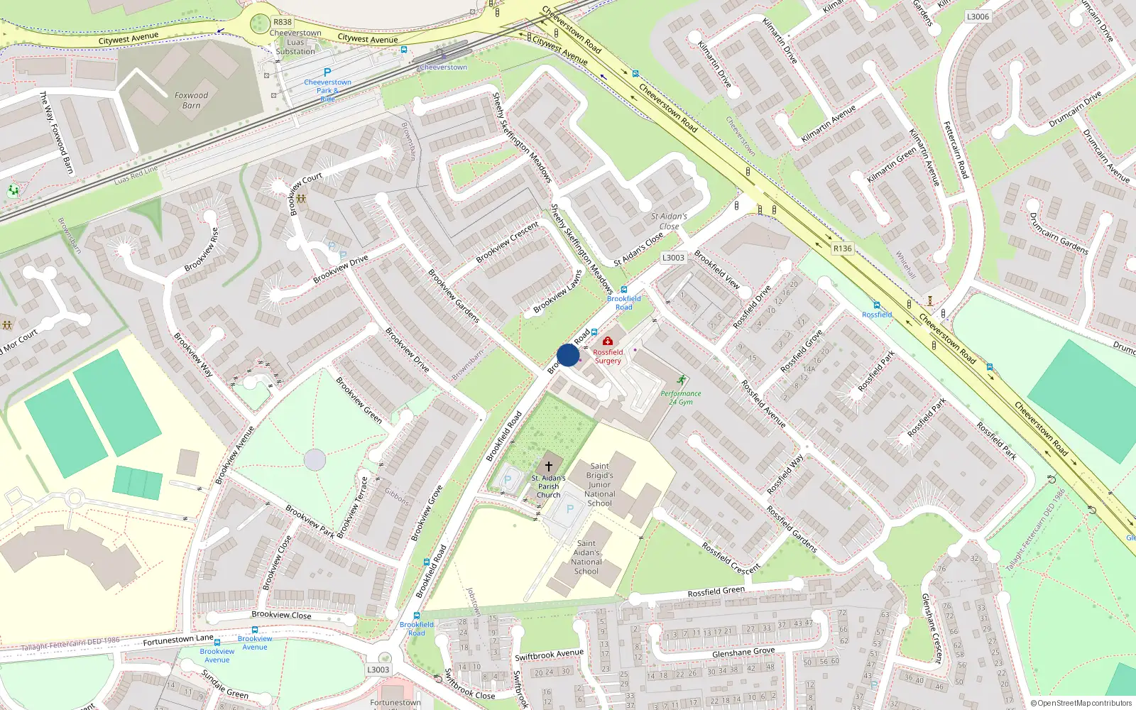 Overhead map showing the location of 33 Brookfield Road, Dublin