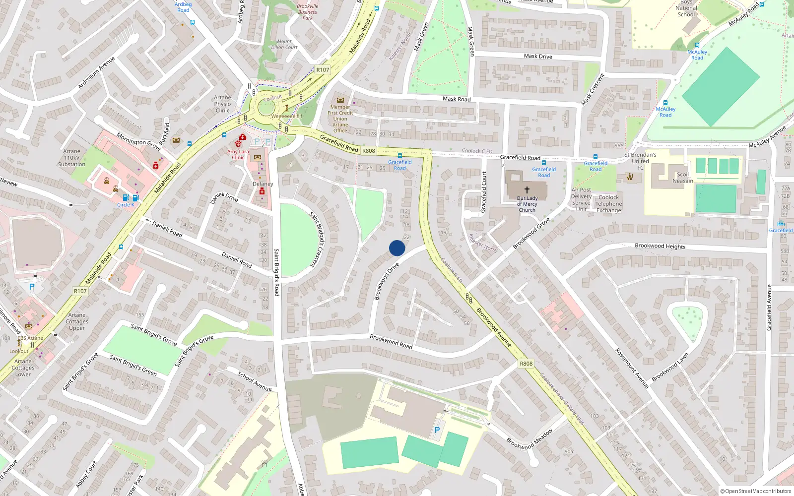 Overhead map showing the location of 33 Brookwood Drive, Dublin 5
