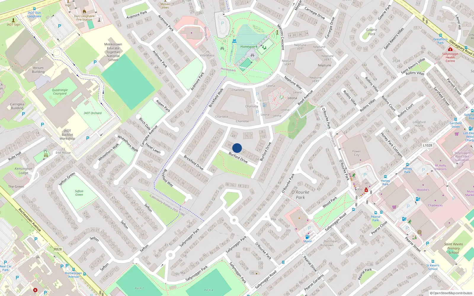 Overhead map showing the location of 33 Burford Drive, Honey Park, Dun Laoghaire