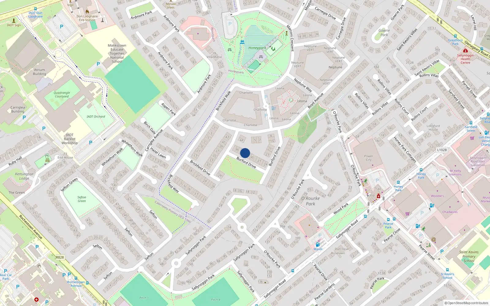 Overhead map showing the location of 33 Burford Drive, Dun Laoghaire