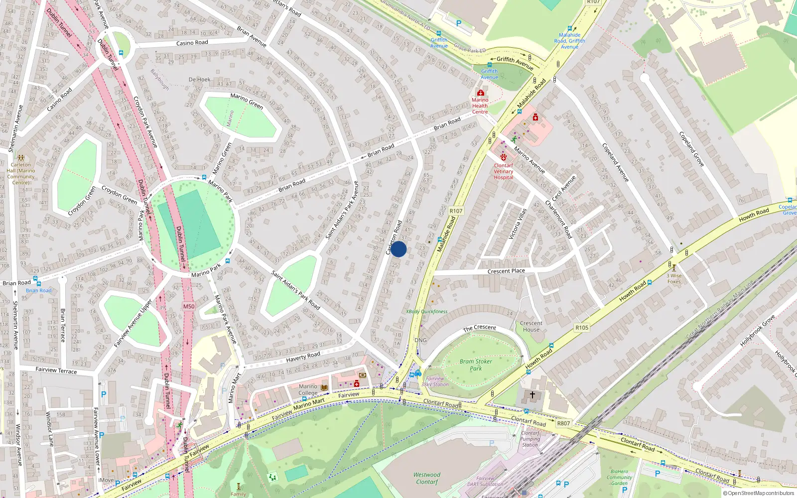 Overhead map showing the location of 33 Carleton Road, Marino, Dublin 3