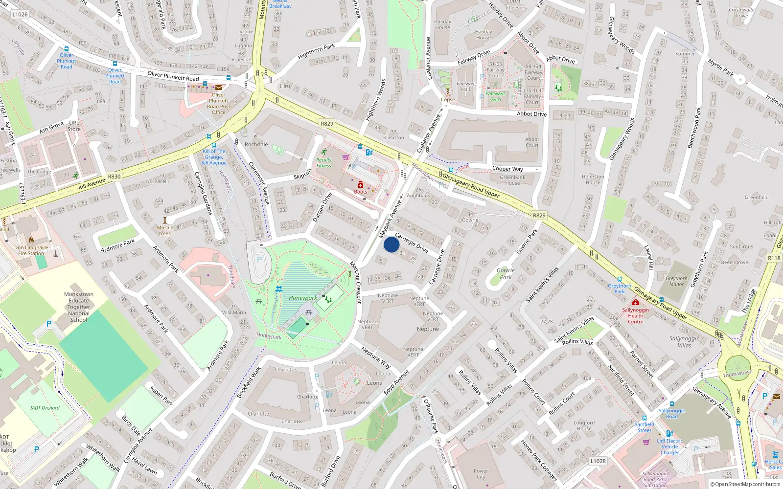 Overhead map showing the location of 33 Carnegie Drive, Dun Laoighaire