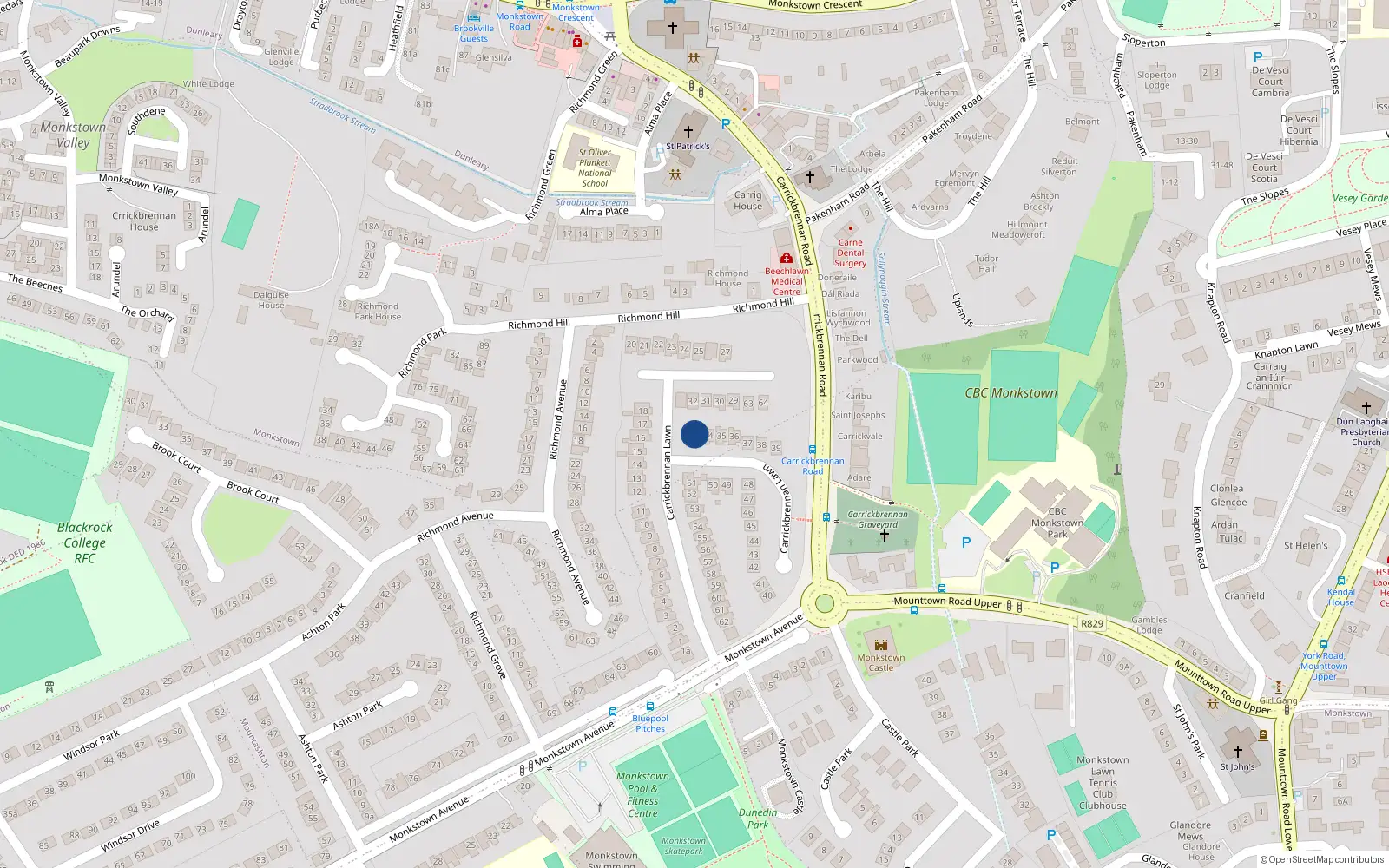 Overhead map showing the location of 33 Carrickbrennan Lawn, Dublin