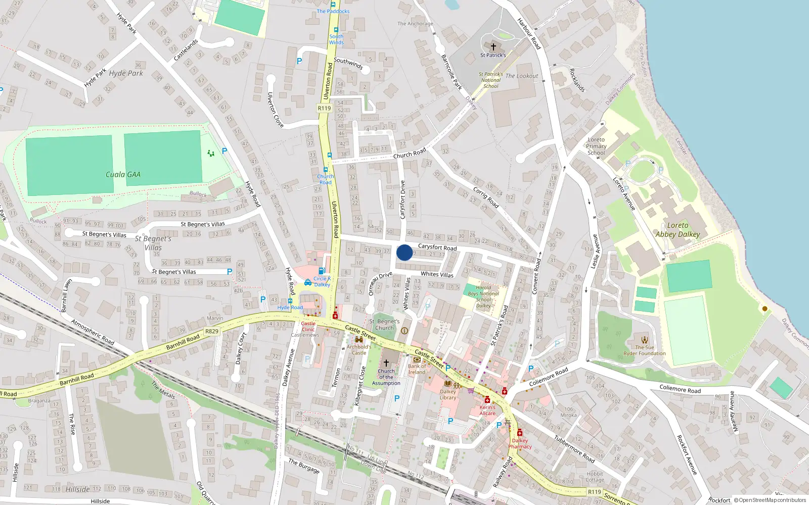 Overhead map showing the location of 33 Carysfort Road, Dalkey