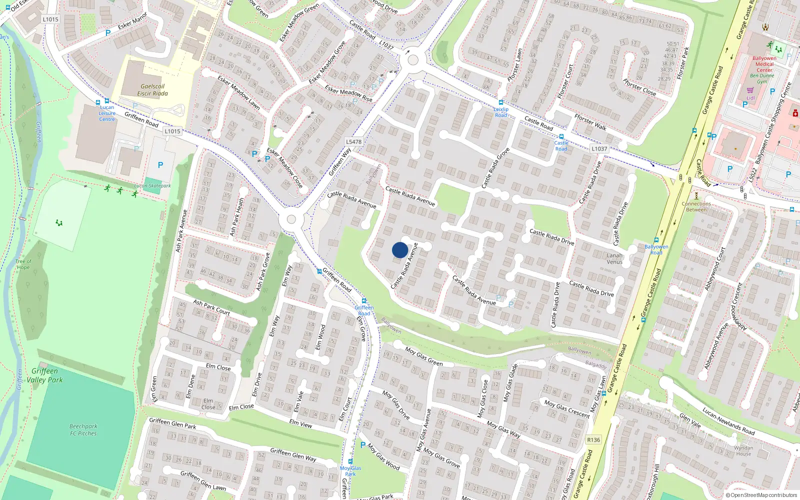 Overhead map showing the location of 33 Castle Riada Avenue, Lucan