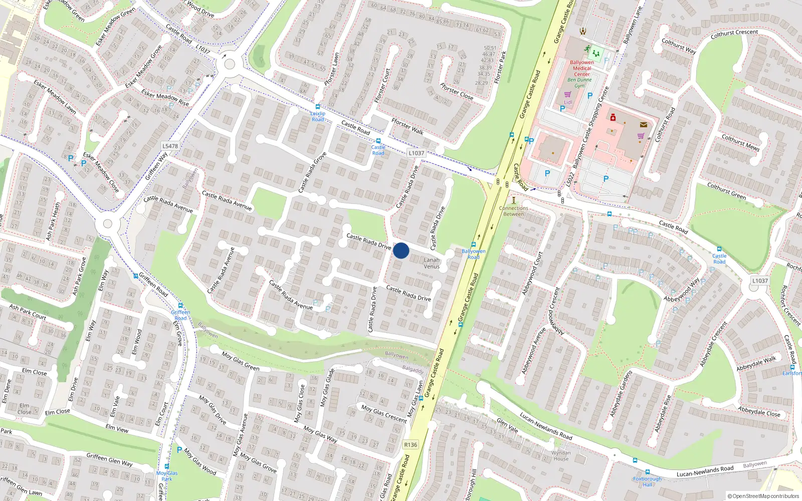 Overhead map showing the location of 33 Castle Riada Drive, Lucan