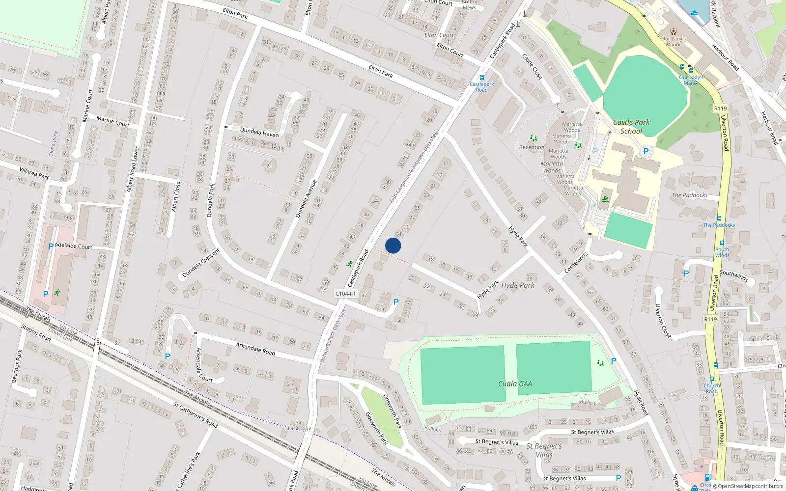 Overhead map showing the location of 33 Castle Park Road, Sandycove