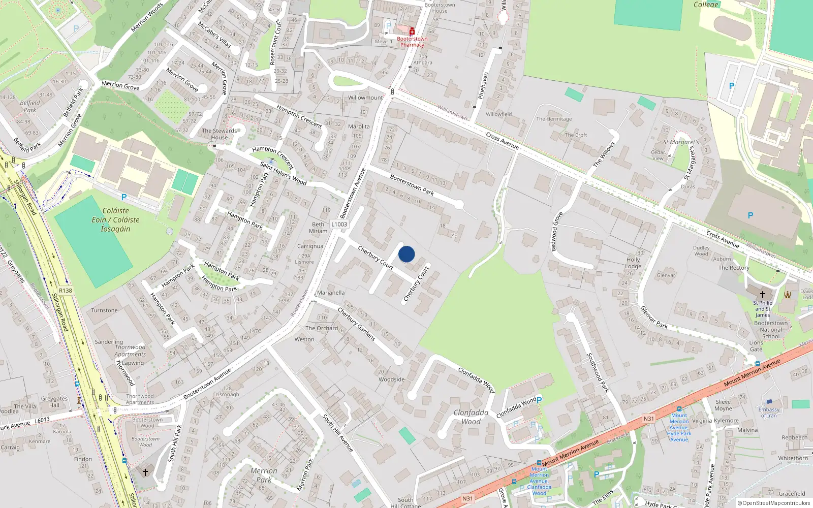 Overhead map showing the location of 33 Cherbury Court, Booterstown Avenue, Blackrock