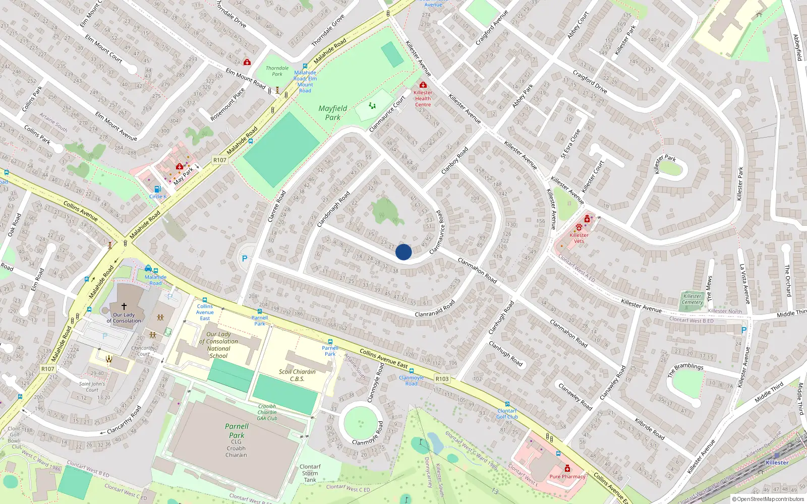 Overhead map showing the location of 33 Clanmaurice Road, Donnycarney, Dublin 5