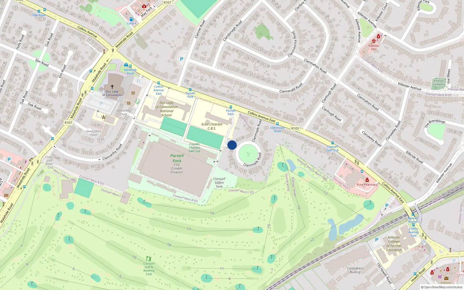 Overhead map showing the location of 33 Clanmoyle Road, Donnycarney, Dublin 5