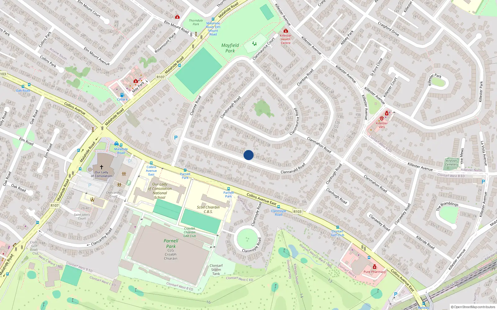 Overhead map showing the location of 33 Clanranald Road, Donnycarney, Dublin 5