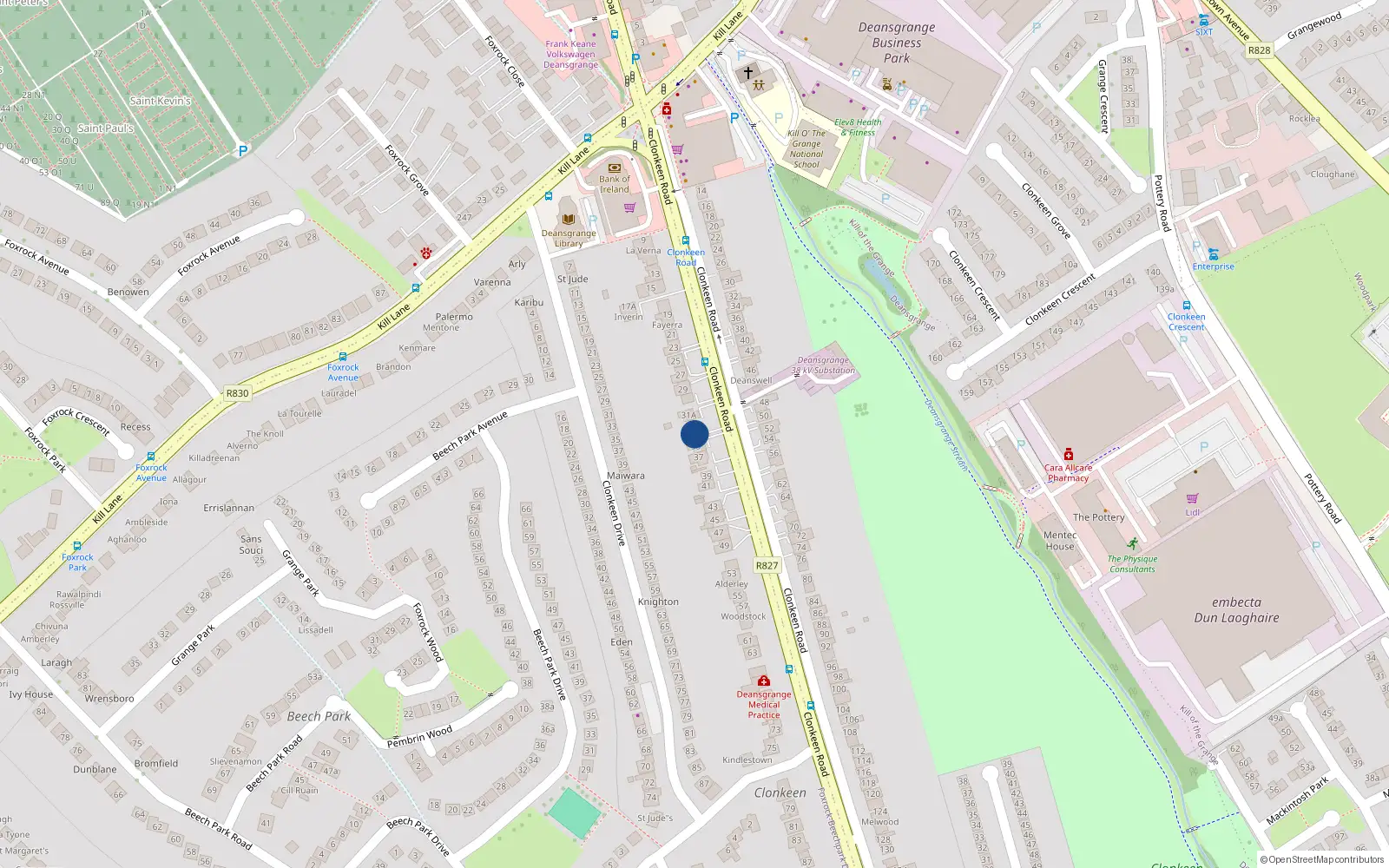 Overhead map showing the location of 33 Clonkeen Road, Blackrock