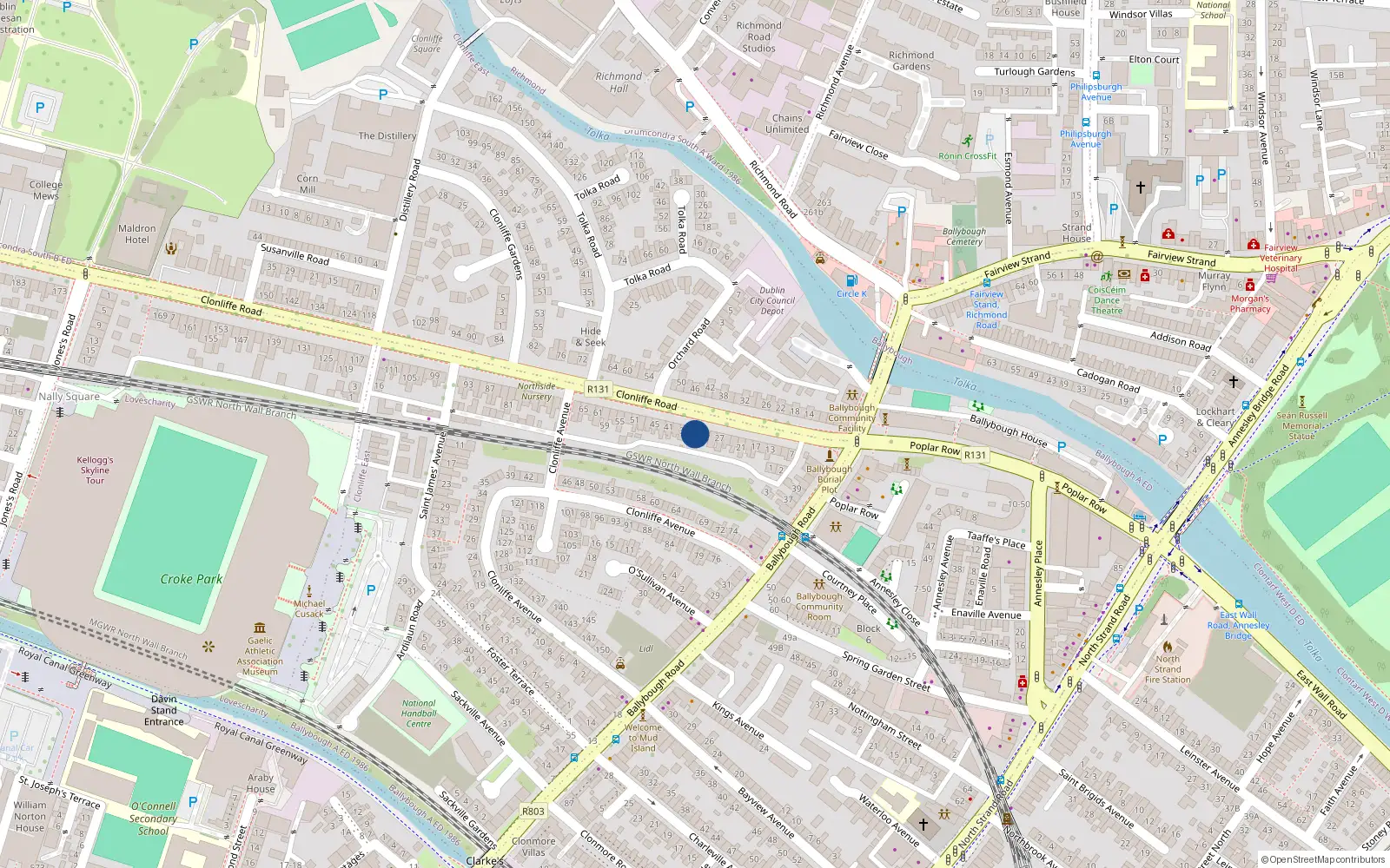 Overhead map showing the location of 33 Clonliffe Road, Dublin 3