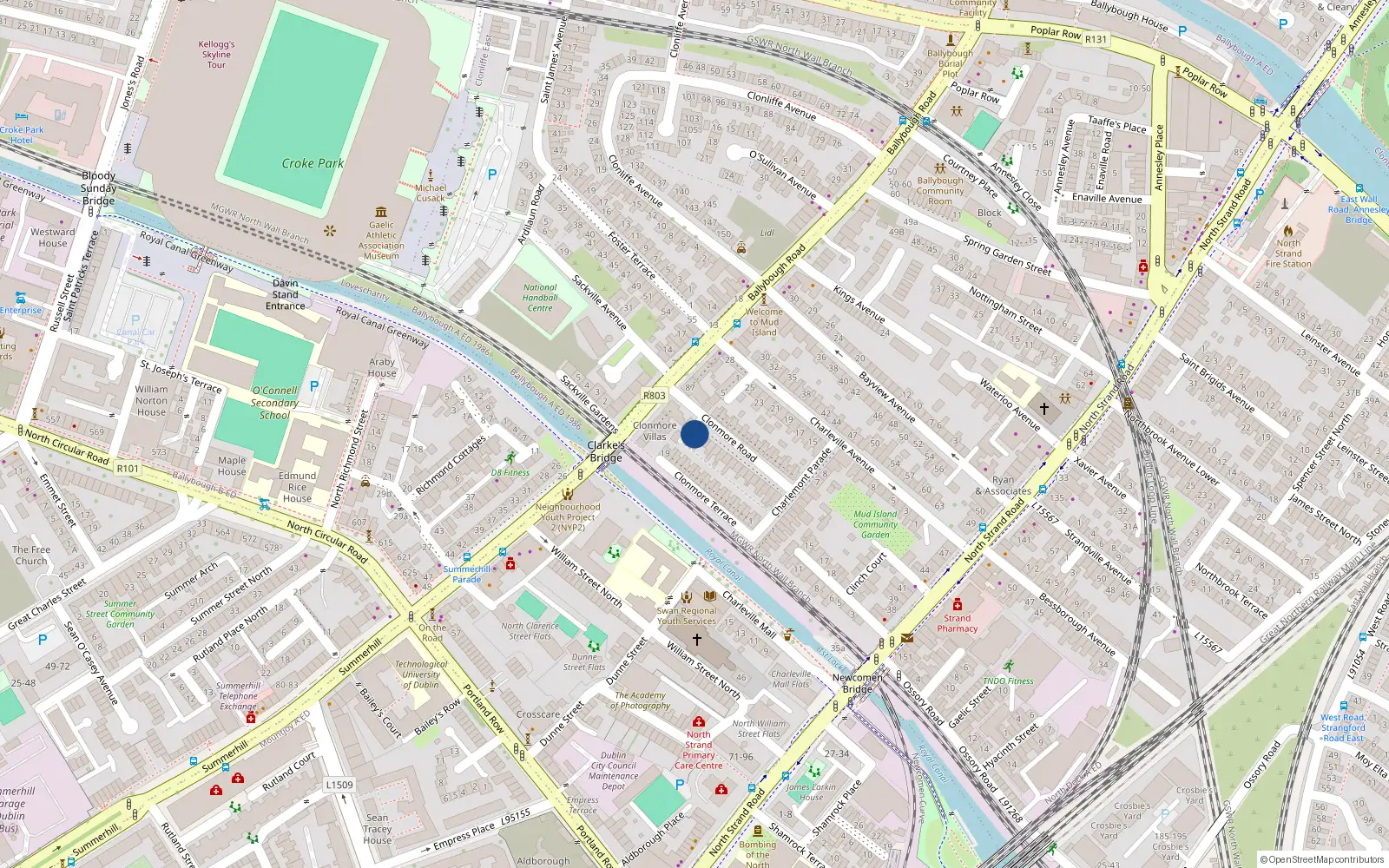 Overhead map showing the location of 33 Clonmore Road, North Strand, Dublin 3