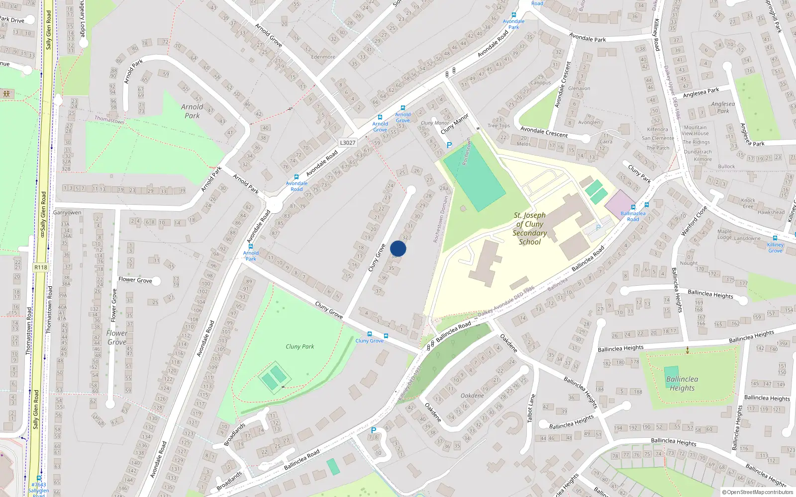 Overhead map showing the location of 33 Cluny Grove, Killiney, Dublin