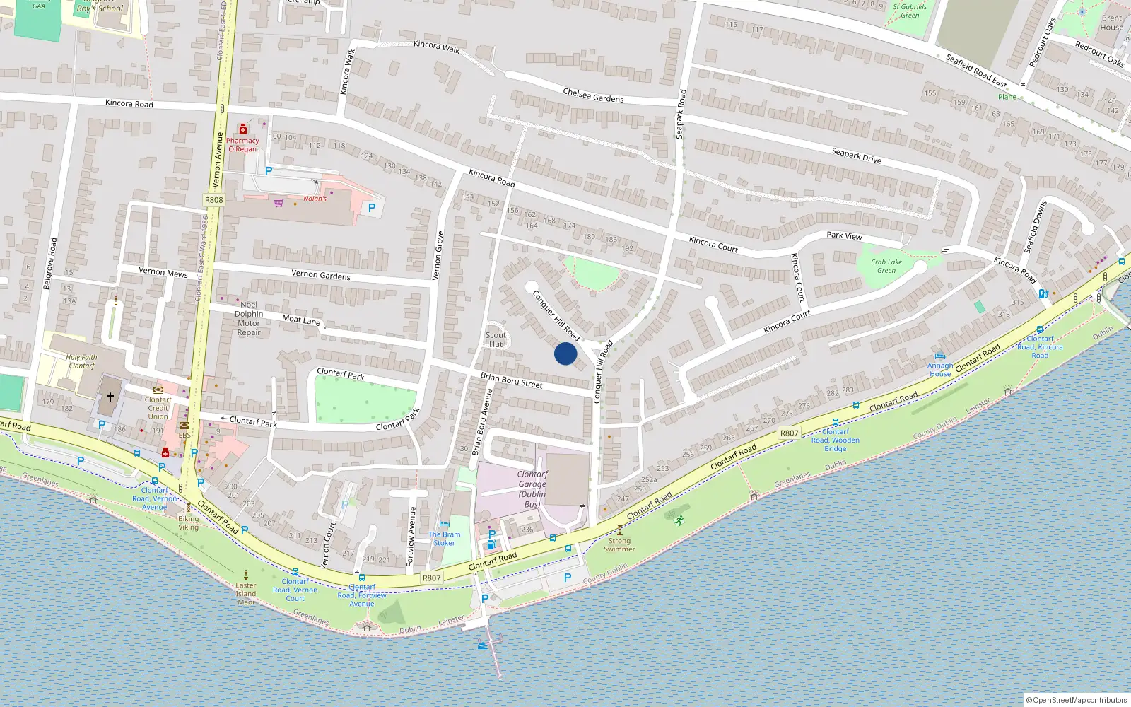 Overhead map showing the location of 33 Conquer Hill Road, Clontarf, Dublin 3