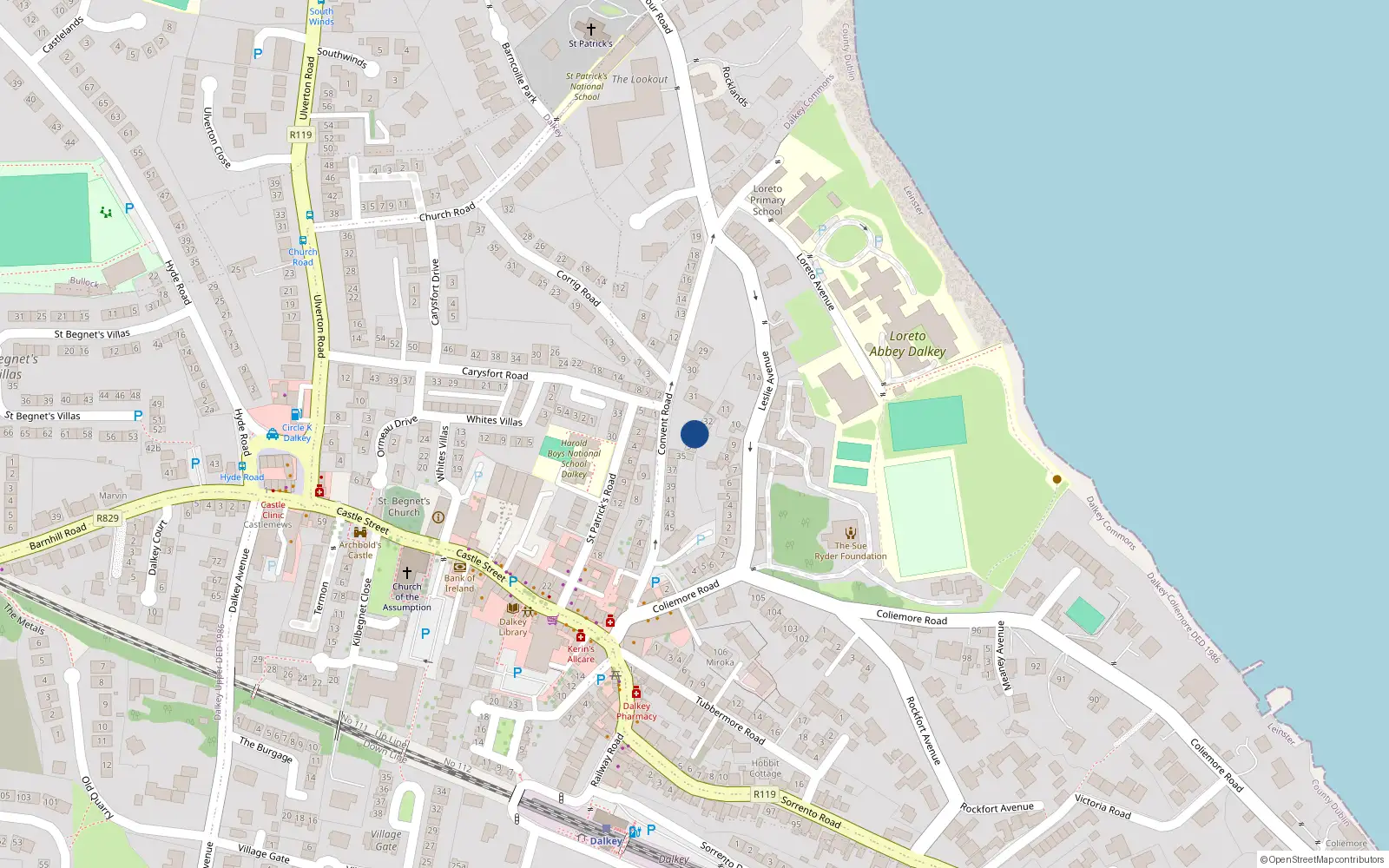 Overhead map showing the location of 33 Convent Road, Dalkey, Dublin
