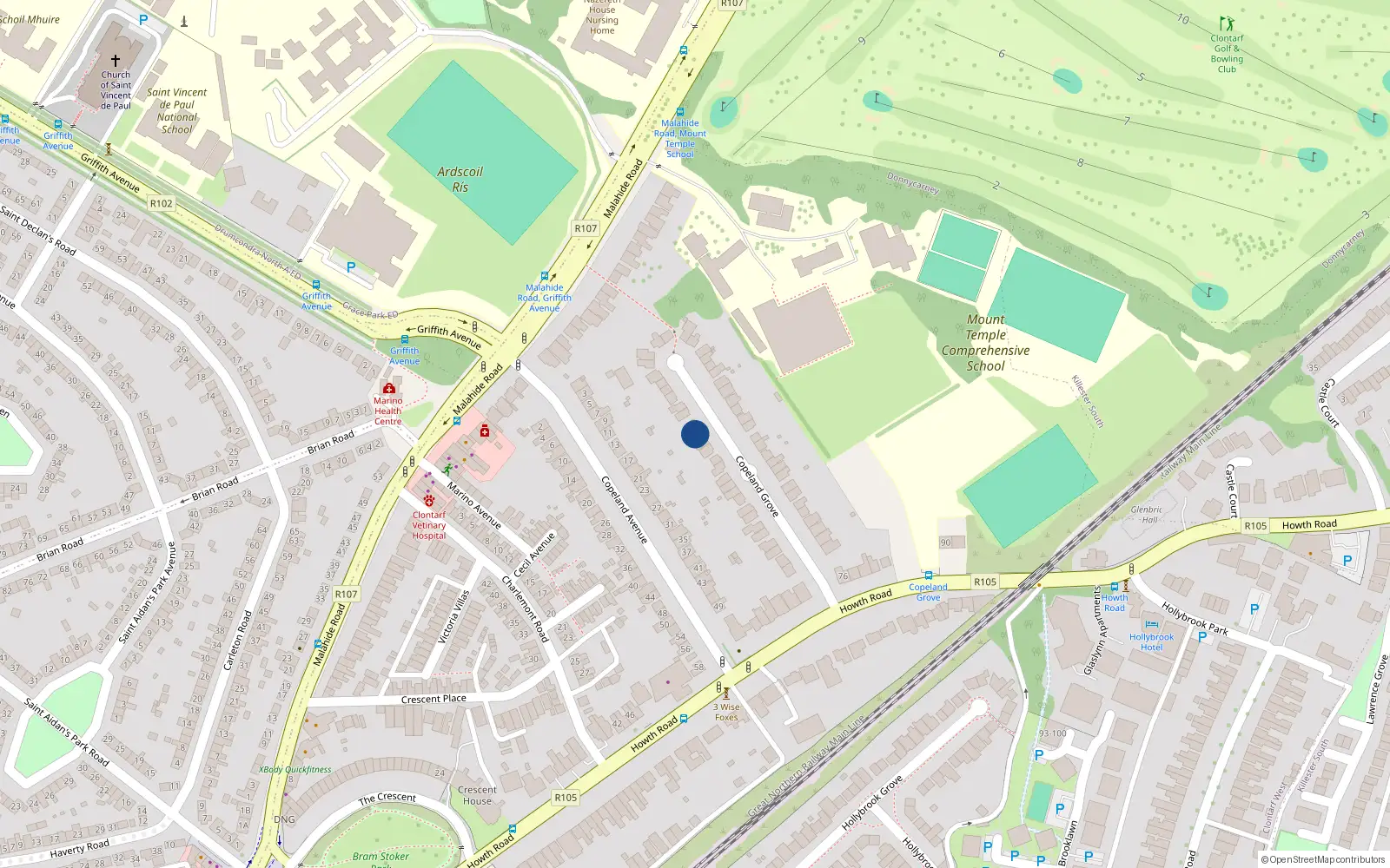 Overhead map showing the location of 33 Copeland Grove, Dublin 3