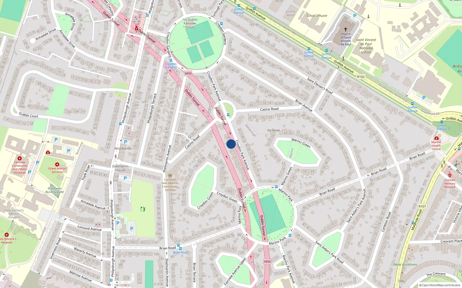 Overhead map showing the location of 33 Croydon Park Avenue, Marino, Dublin 3