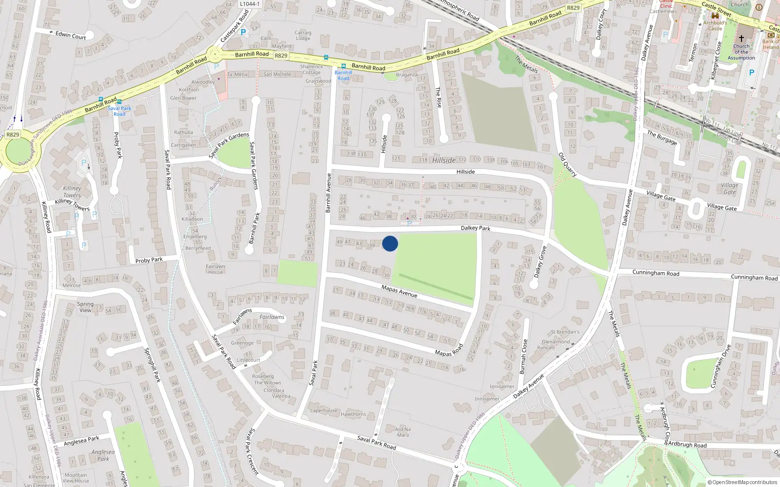 Overhead map showing the location of 33 Dalkey Park, Dalkey, Dublin
