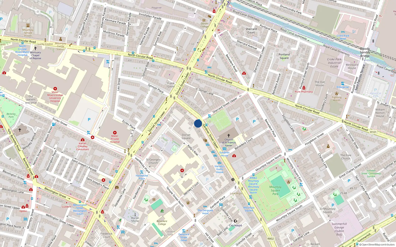Overhead map showing the location of 33 Dorset Square, Gardiner St Upper, Dublin 1