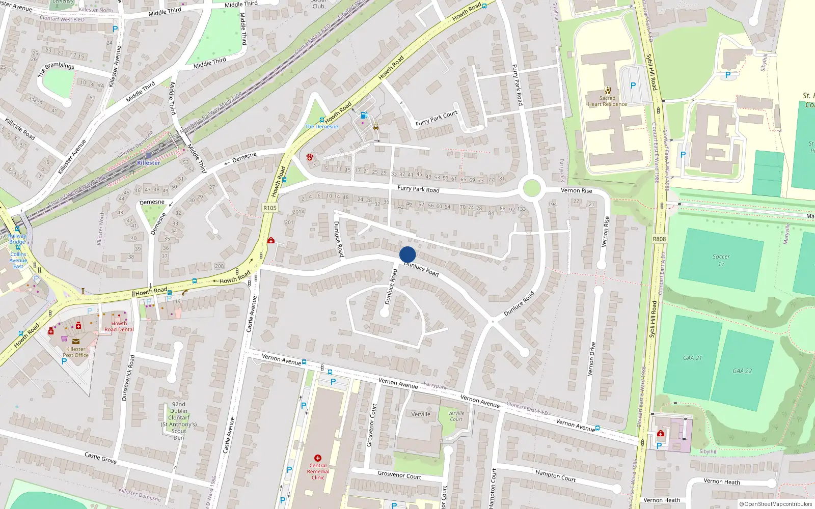 Overhead map showing the location of 33 Dunluce Road, Dublin 3