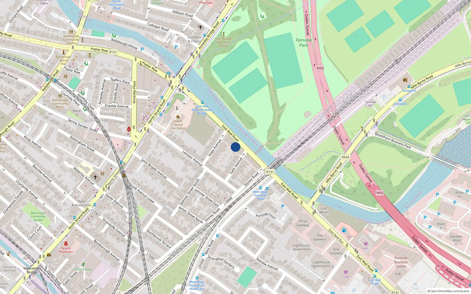 Overhead map showing the location of 33 East Wall Road, Dublin