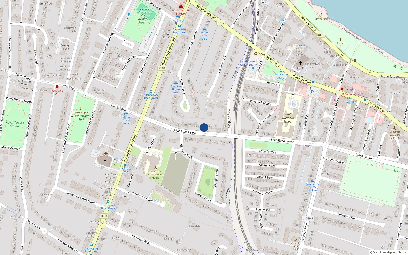Overhead map showing the location of 33 Eden Road Upper, Glenageary, Dublin