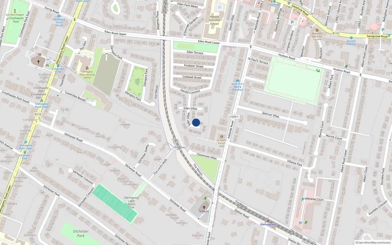 Overhead map showing the location of 33 Eden Villas, Glasthule, Co Dublin