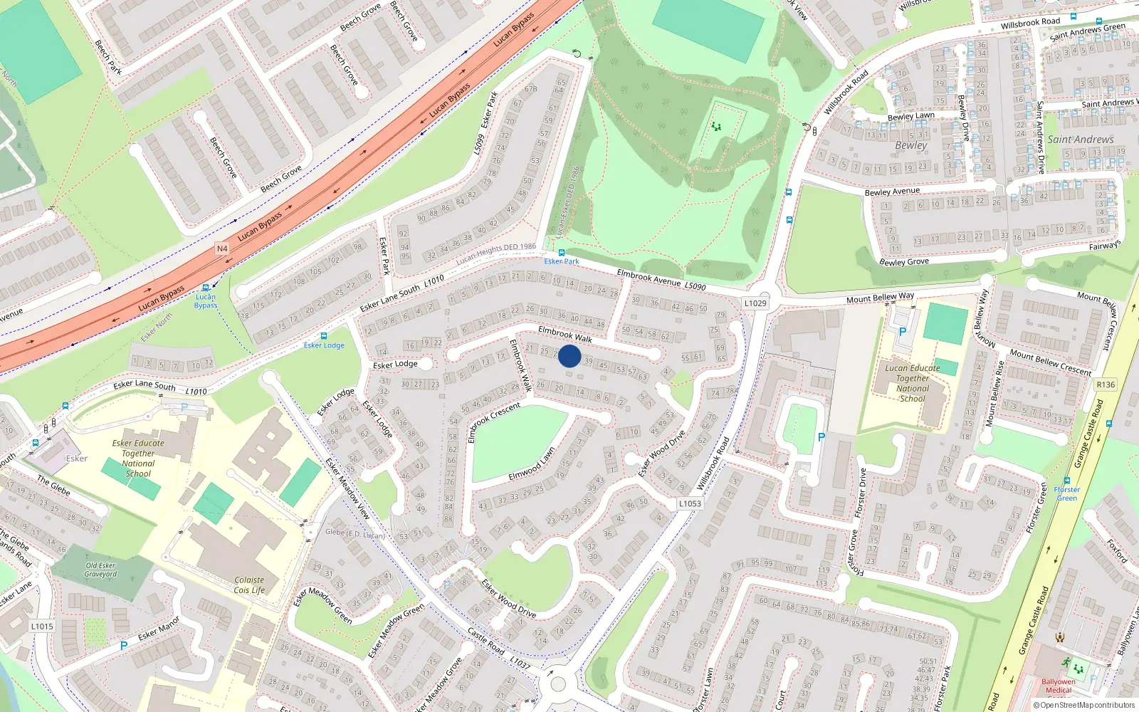 Overhead map showing the location of 33 Elmbrook Walk, Lucan