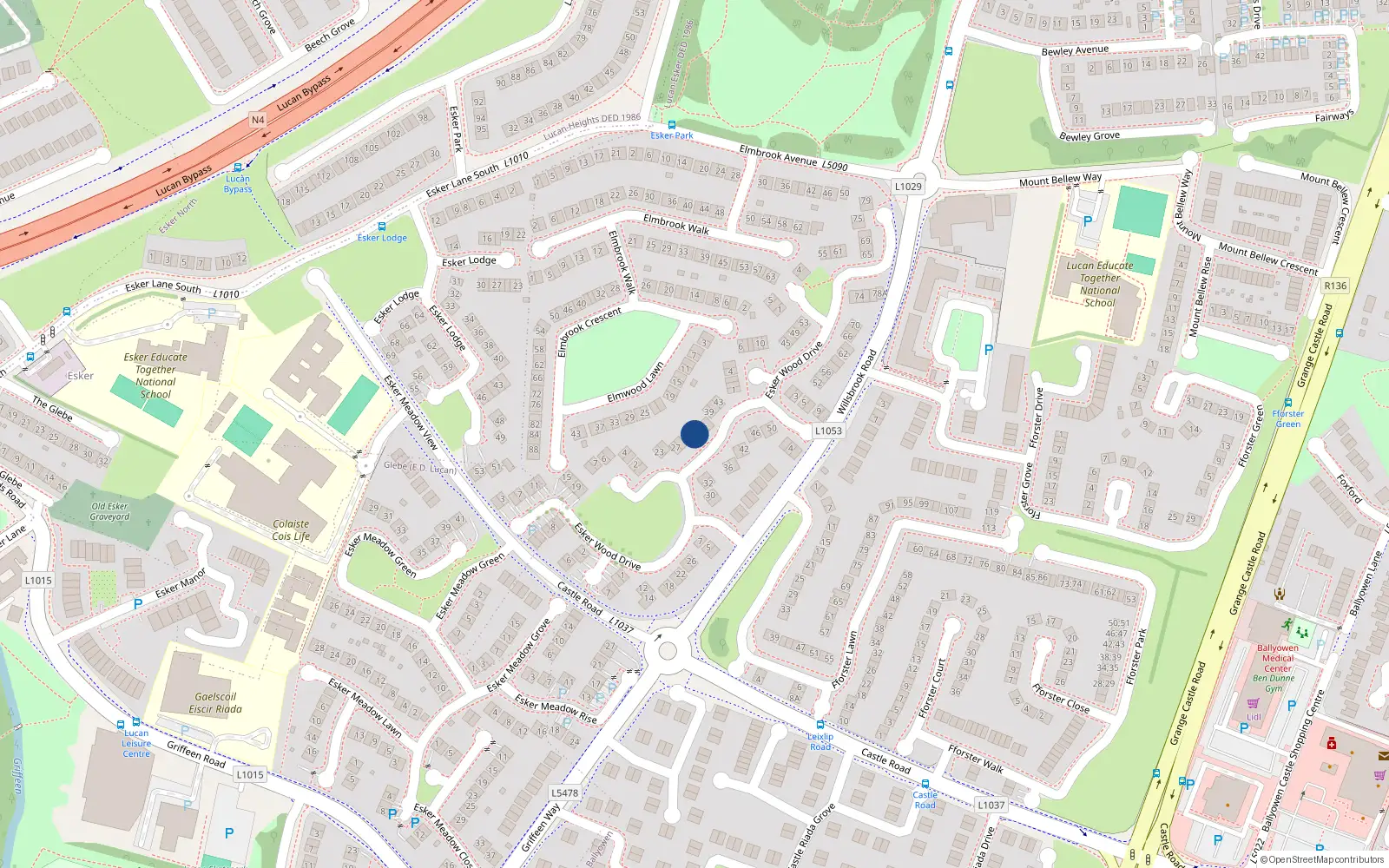 Overhead map showing the location of 33 Esker Wood Drive, Lucan