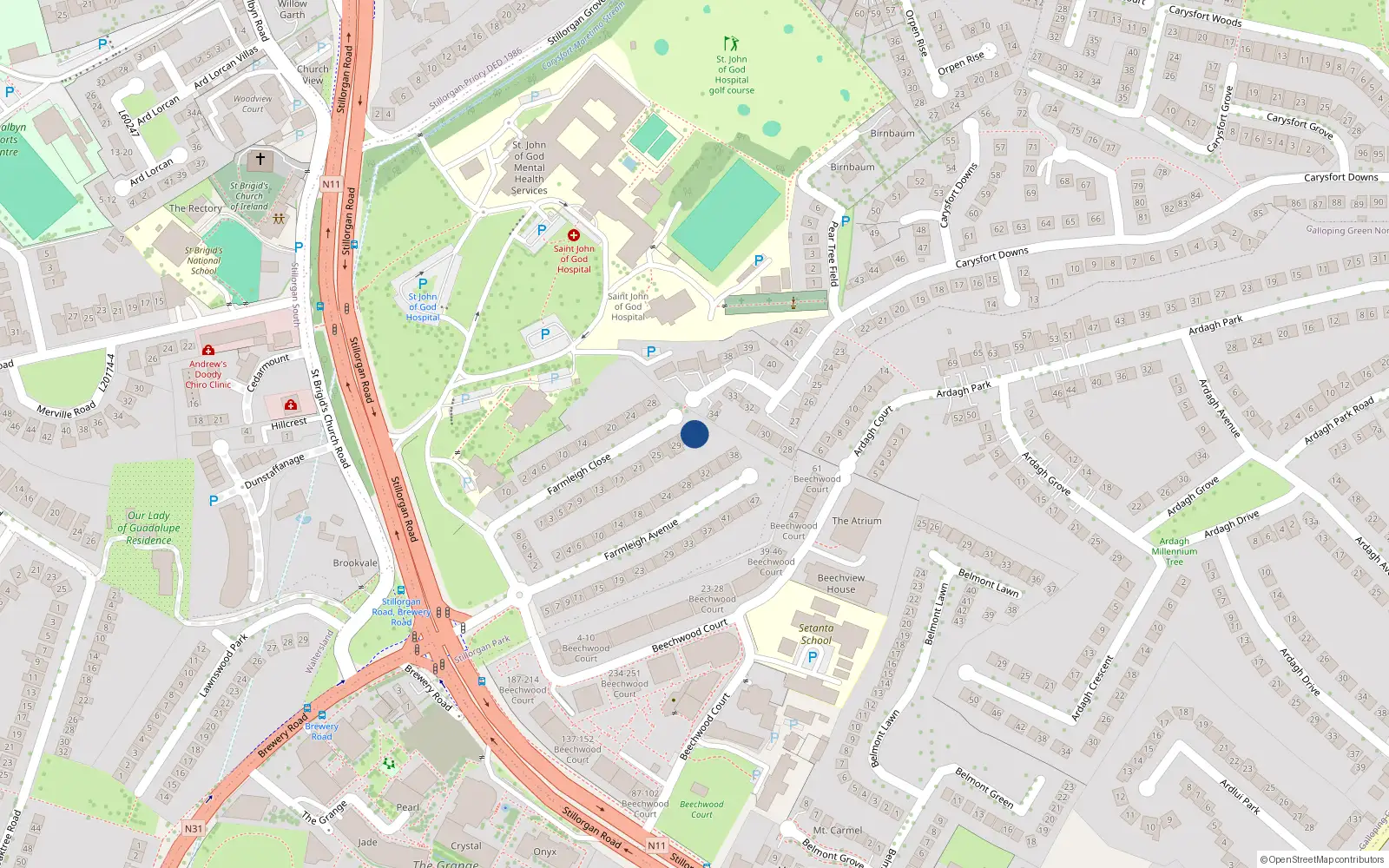 Overhead map showing the location of 33 Farmleigh Close, Stillorgan, Co. Dublin