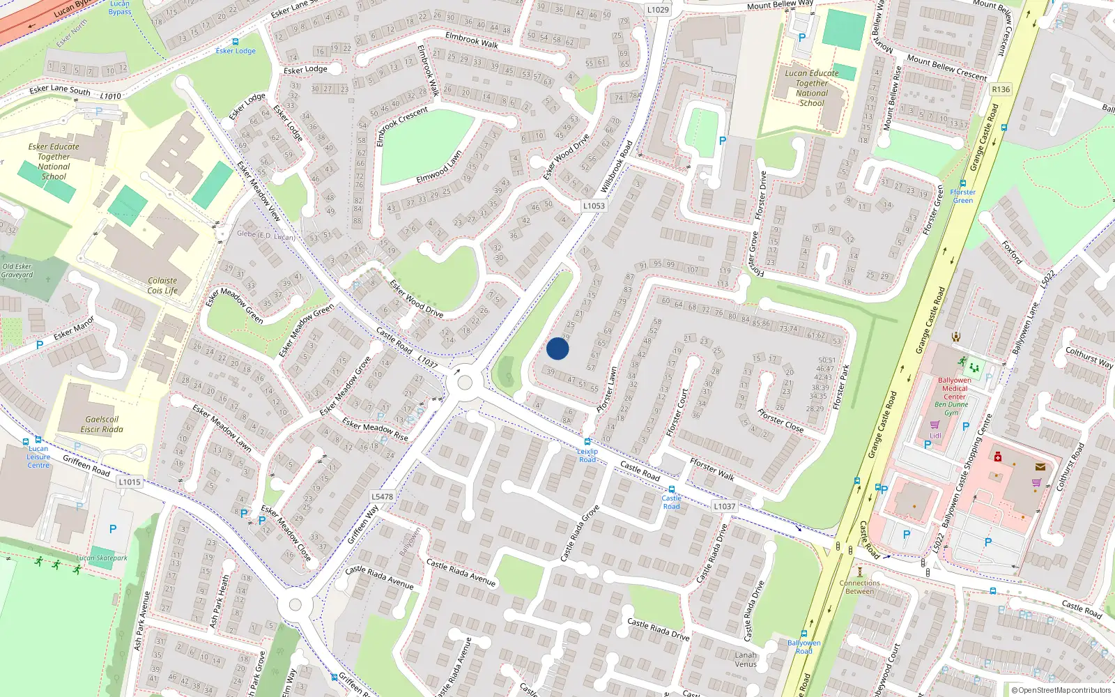 Overhead map showing the location of 33 Fforster Lawn, Lucan, Dublin
