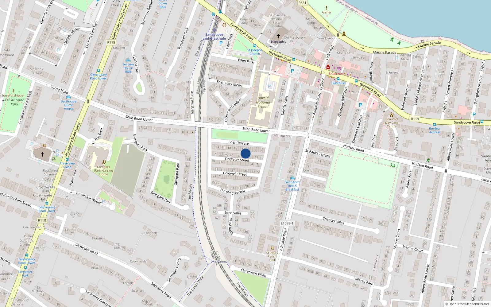 Overhead map showing the location of 33 Findlater Street, Dublin