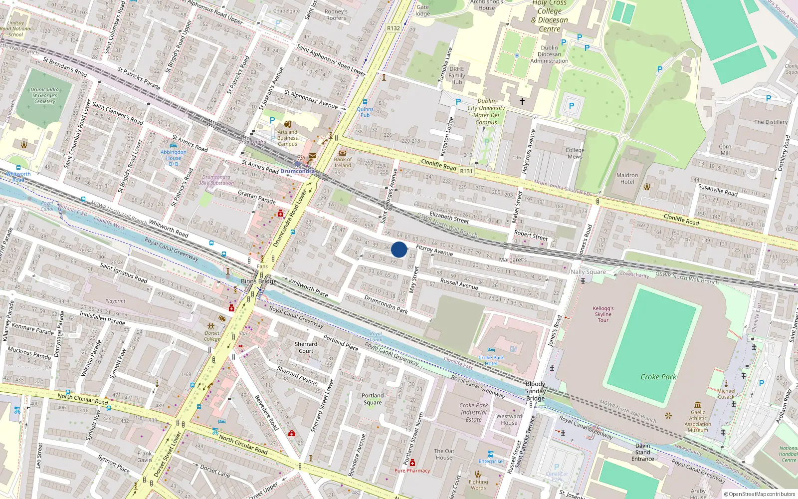 Overhead map showing the location of 33 Fitzroy Avenue, Dublin 3