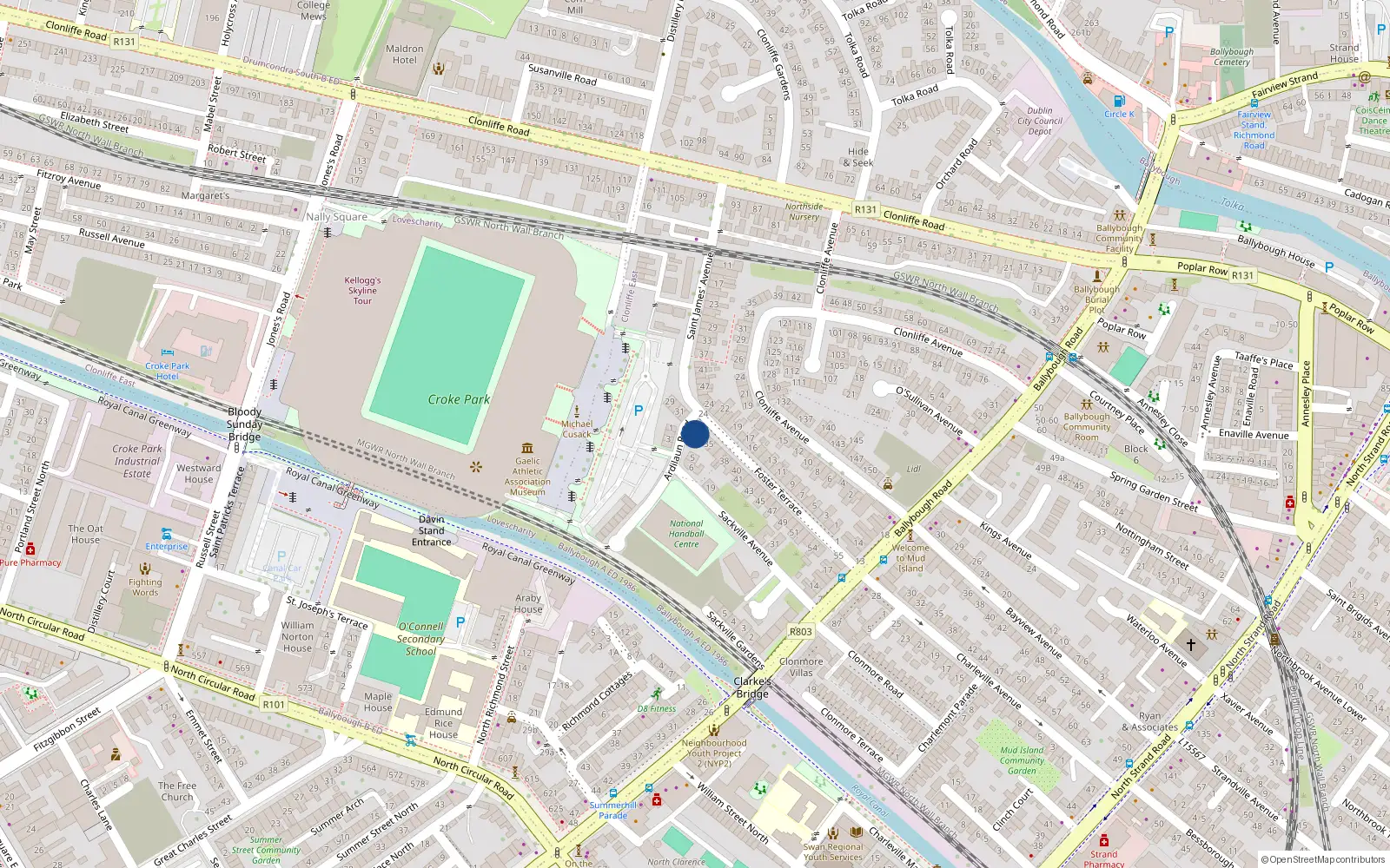 Overhead map showing the location of 33 Foster Terrace, Ballybough, Dublin 1