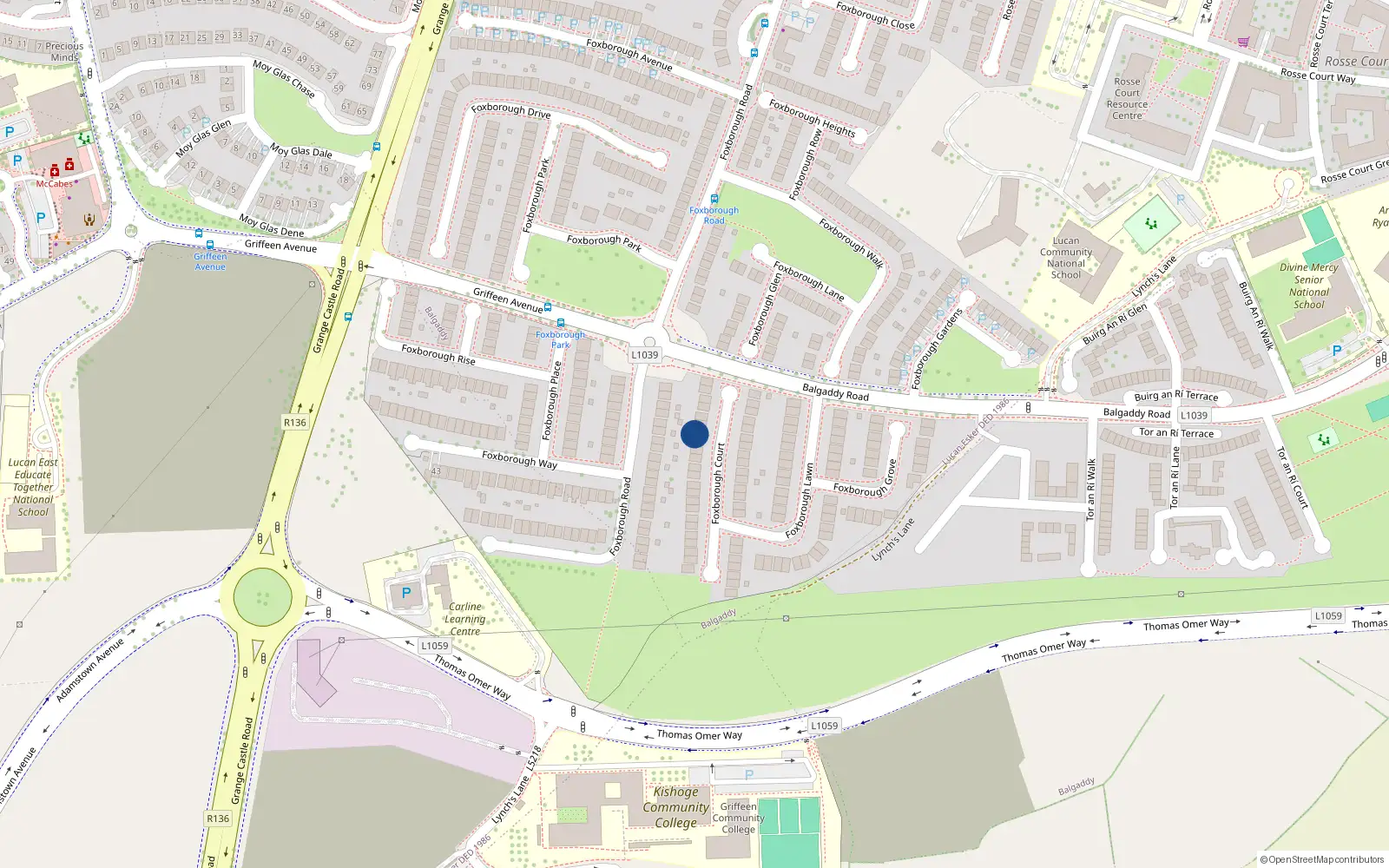 Overhead map showing the location of 33 Foxborough Court, Lucan, Dublin