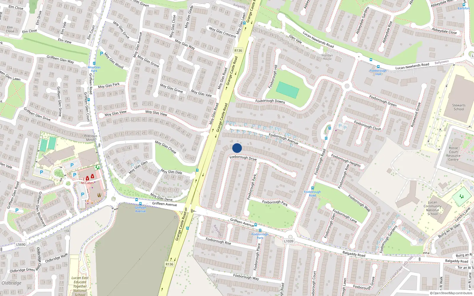 Overhead map showing the location of 33 Foxborough Drive, Lucan