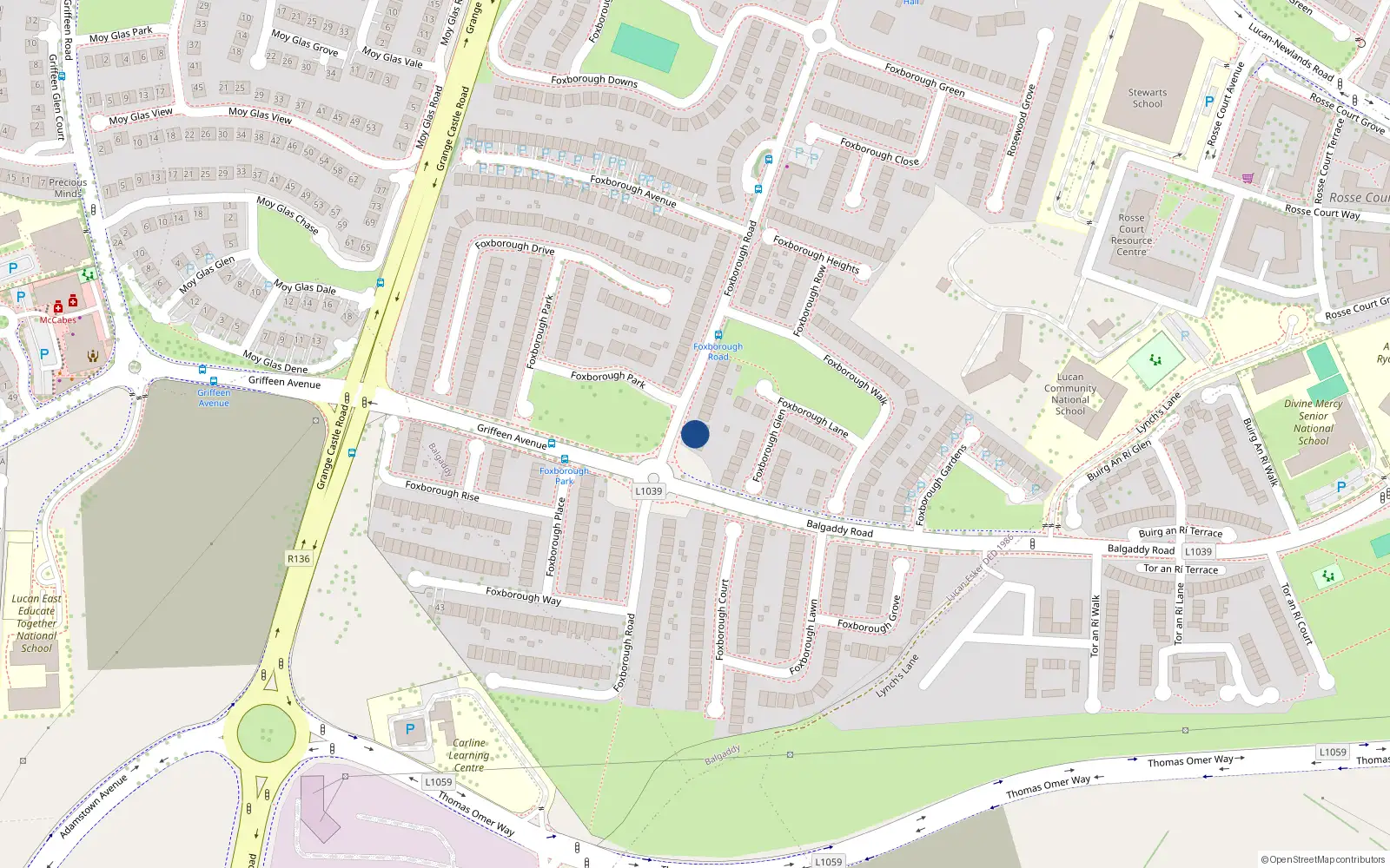 Overhead map showing the location of 33 Foxborough Road, Lucan, Dublin