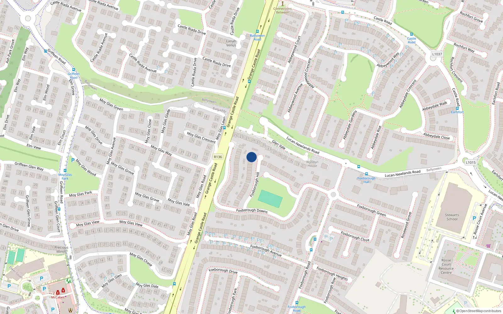 Overhead map showing the location of 33 Foxbourough Hill, Lucan