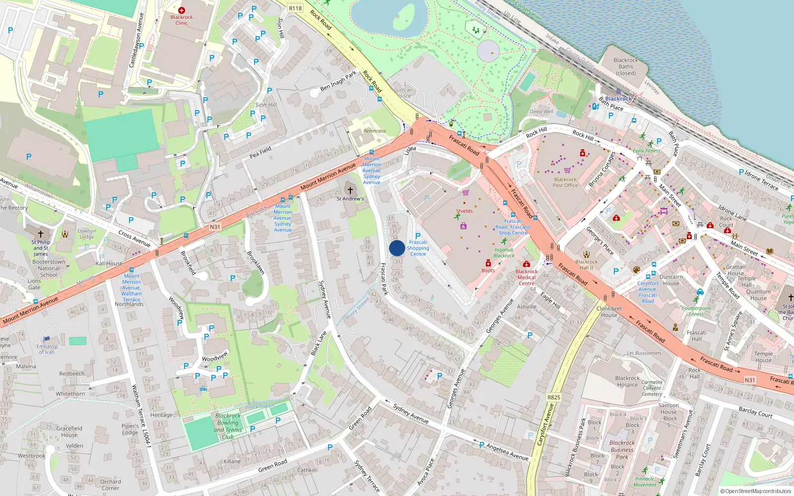 Overhead map showing the location of 33 Frascati Park, Blackrock