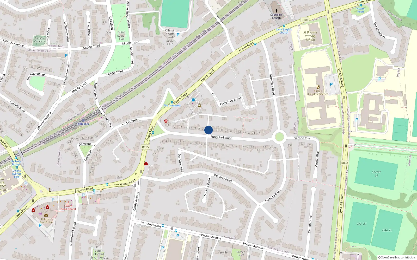 Overhead map showing the location of 33 Furry Park Road, Killester, Dublin 5